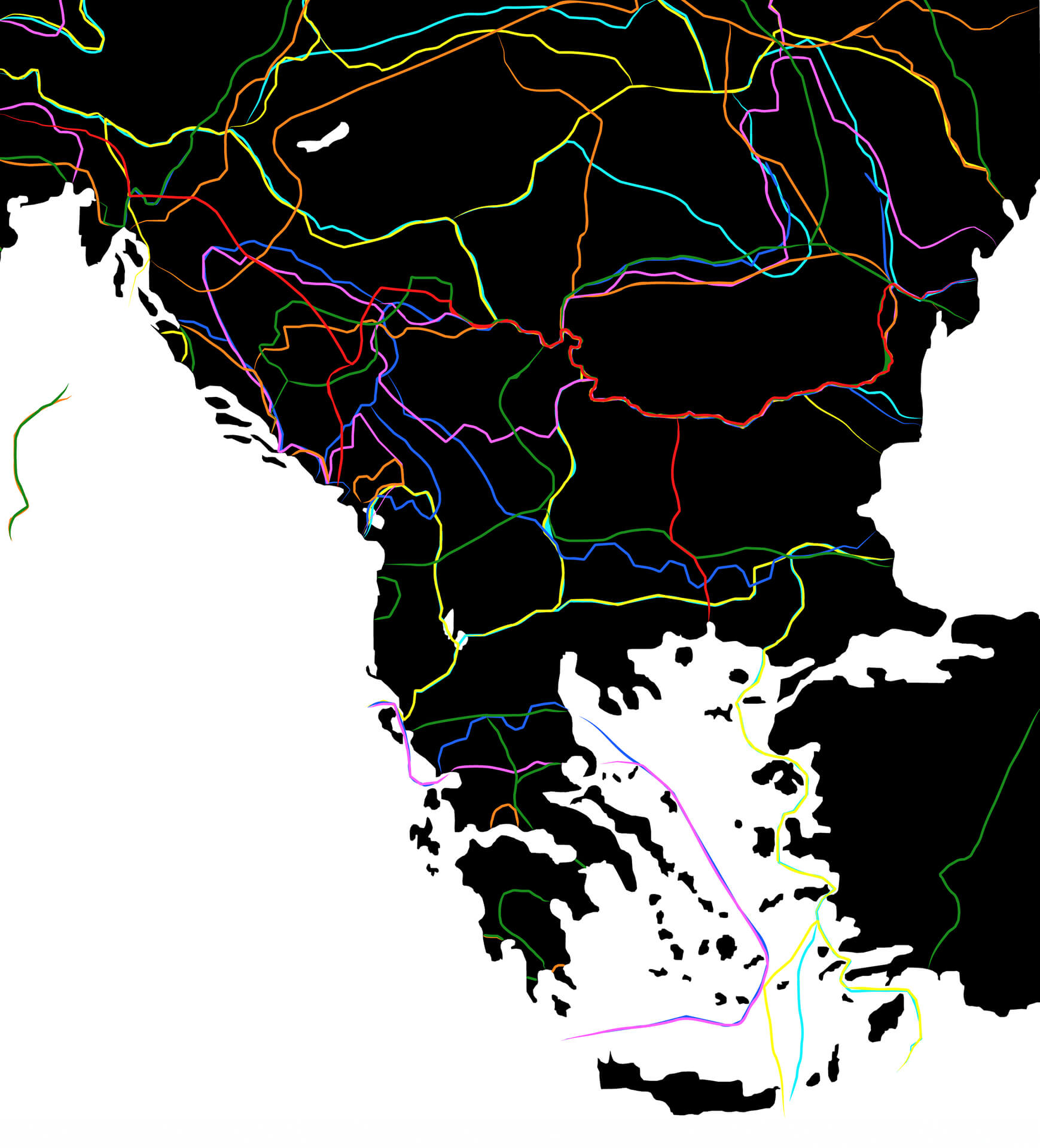 Carte représentant l'ensemble des principales frontières des Balkans depuis l'empire romain jusqu'après la seconde guerre mondiale.